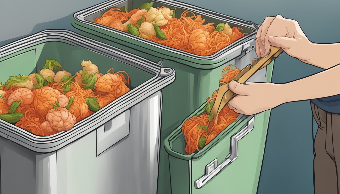 A person using tongs to discard expired kimchi into a trash bin