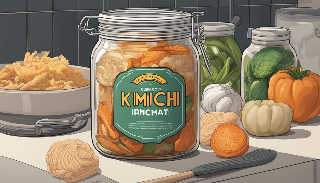 A jar of expired kimchi sits on a kitchen counter, surrounded by various food items and kitchen utensils. The lid is slightly ajar, emitting a pungent odor