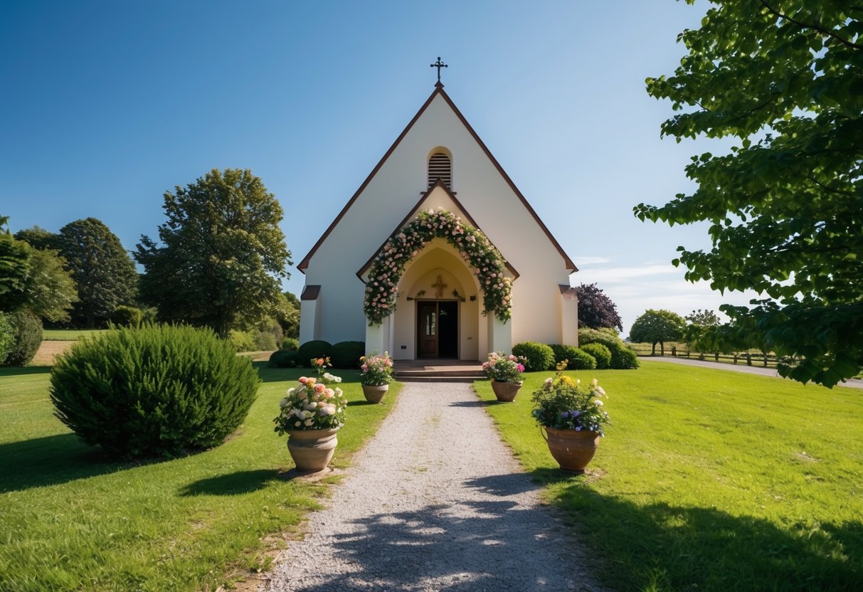 A picturesque countryside church with a flower-adorned arch and a path leading to the entrance, surrounded by lush greenery and a clear blue sky