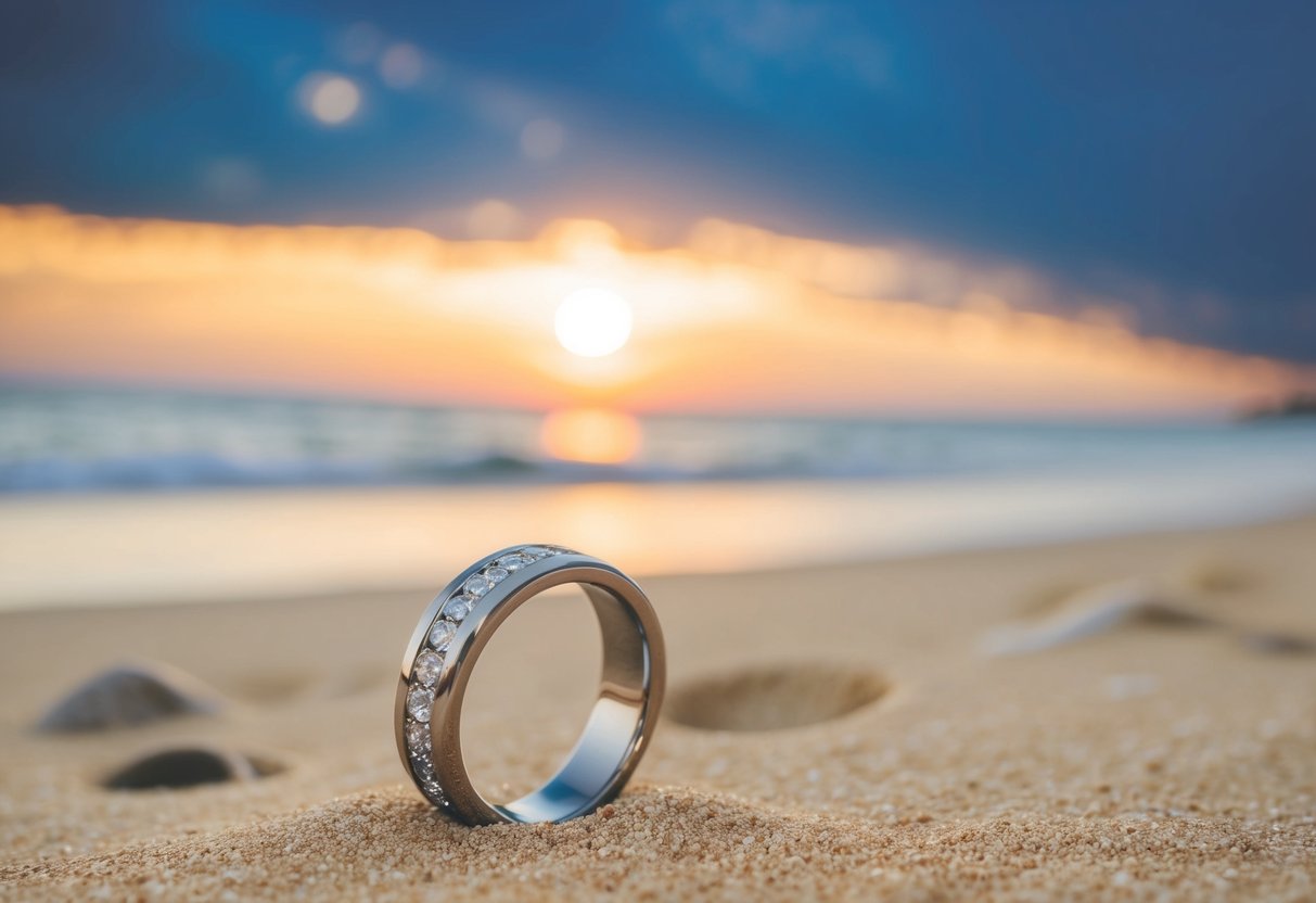 A wedding ring abandoned on a sandy beach at sunset