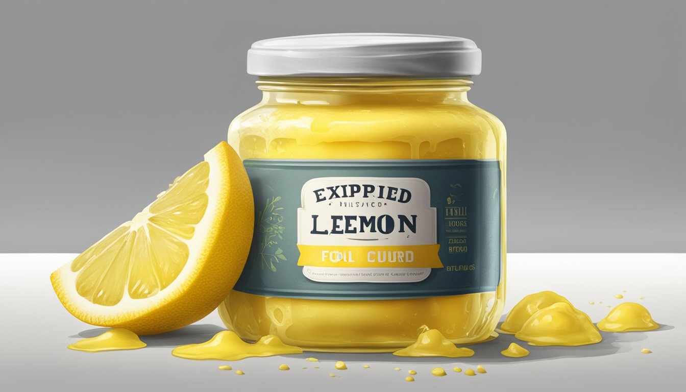 A jar of expired lemon curd with a visible expiration date, surrounded by mold and a foul smell