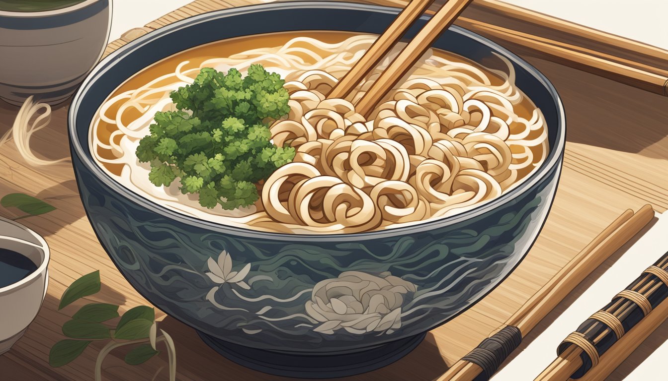 A bowl of udon noodles sits on a table, surrounded by chopsticks and a steam rising from the warm broth