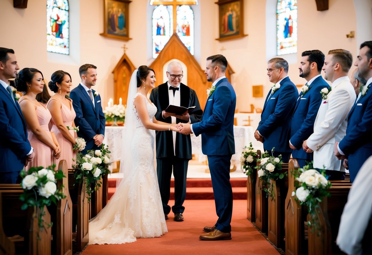 A bride and groom stand at the front of a church, surrounded by their wedding party. The officiant directs them through the ceremony, while family and friends look on