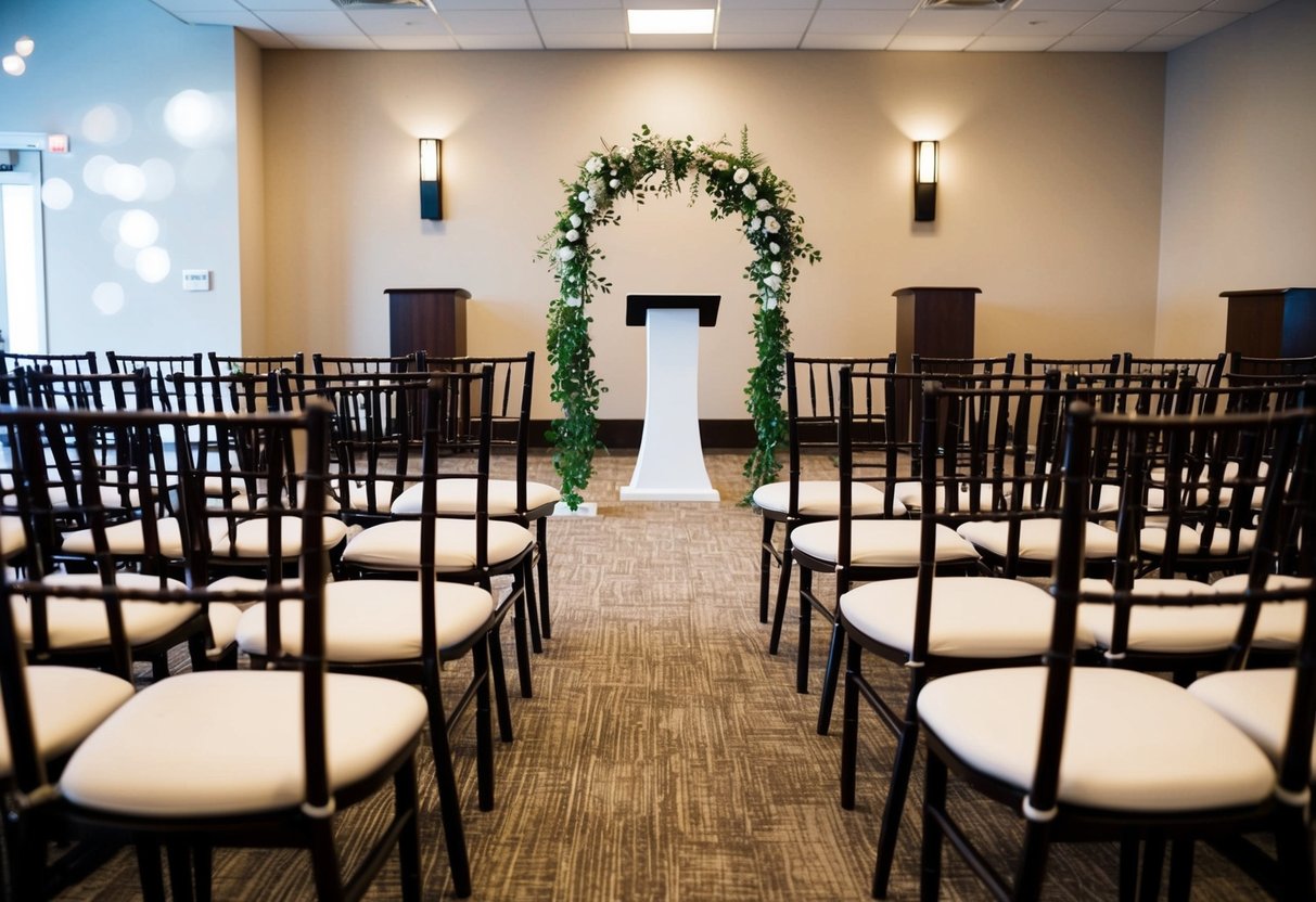 A wedding rehearsal venue with chairs arranged in rows, a podium at the front, and a decorative archway at the entrance