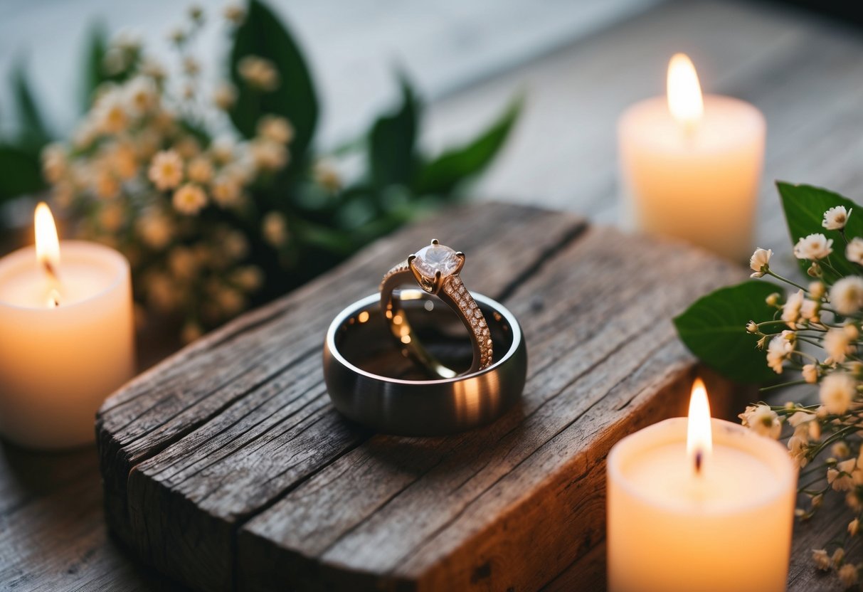 A pair of wedding rings resting on a rustic wooden surface, surrounded by soft candlelight and delicate floral arrangements