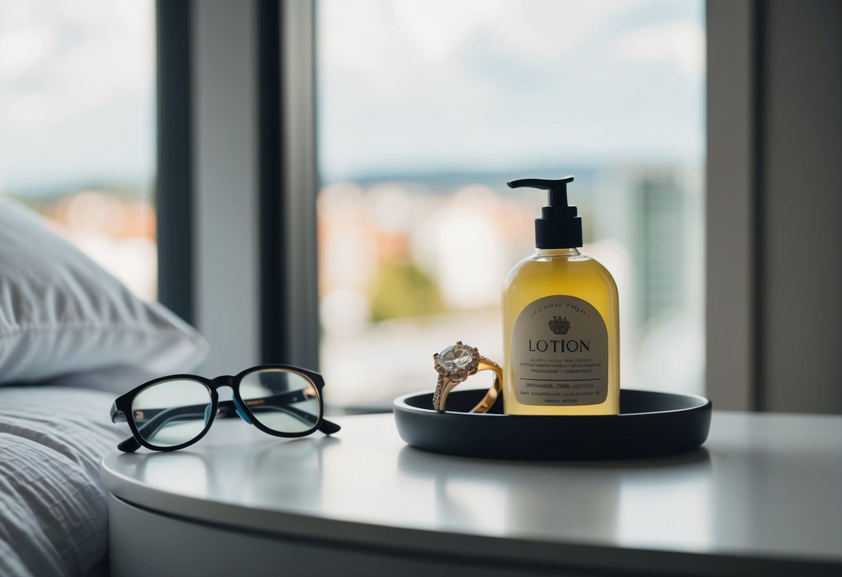 A wedding ring resting on a bedside table, next to a bottle of lotion and a pair of reading glasses