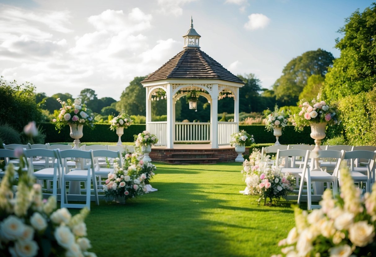 A picturesque English garden with a charming gazebo, adorned with flowers and soft lighting, set up for a wedding rehearsal