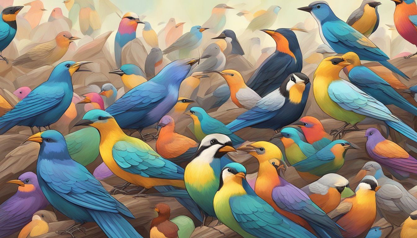 A bird pecking at a pile of colorful feathers, surrounded by other birds watching with curiosity