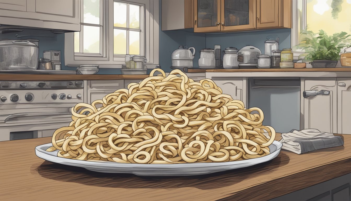 A pile of expired udon noodles sits on a kitchen counter, with a "best by" date clearly passed