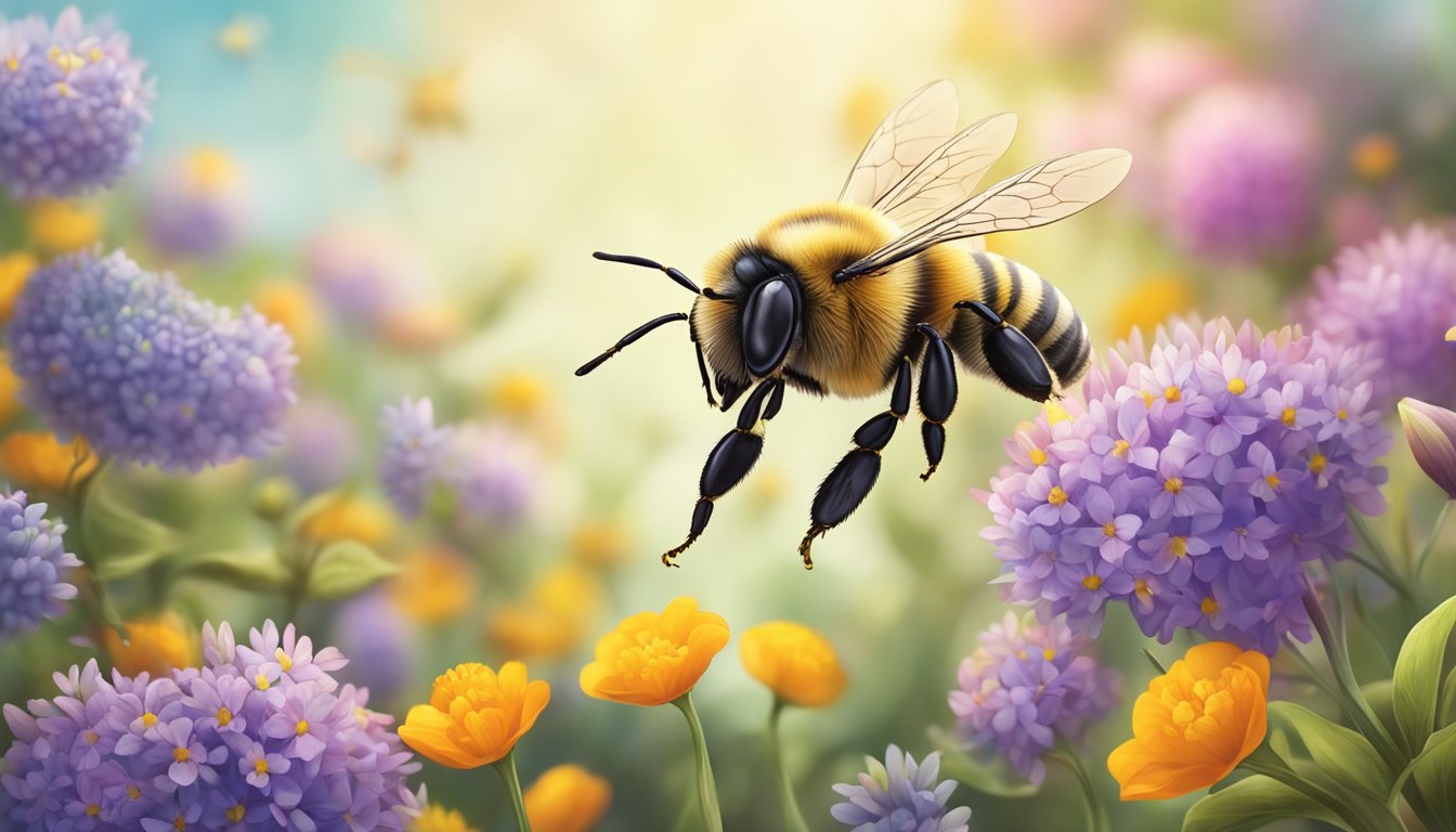 A bee hovering over a colorful variety of flowers, collecting pollen to take back to its hive