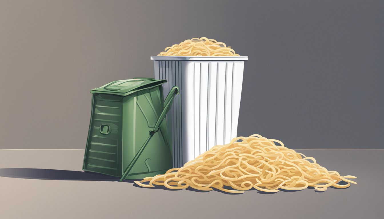 A package of expired udon noodles next to a trash can, with a question mark hovering above it