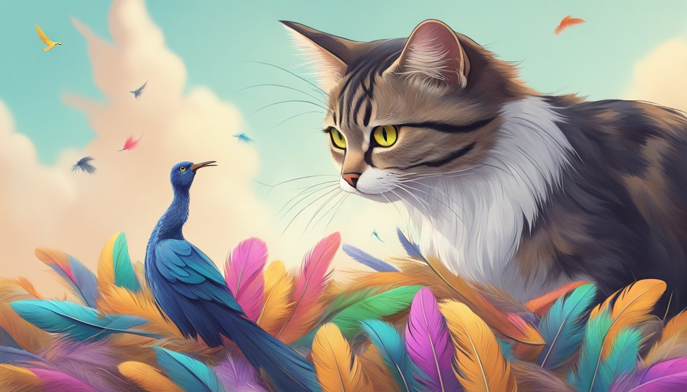 A curious cat sniffs a pile of colorful feathers, while a concerned bird watches from a distance