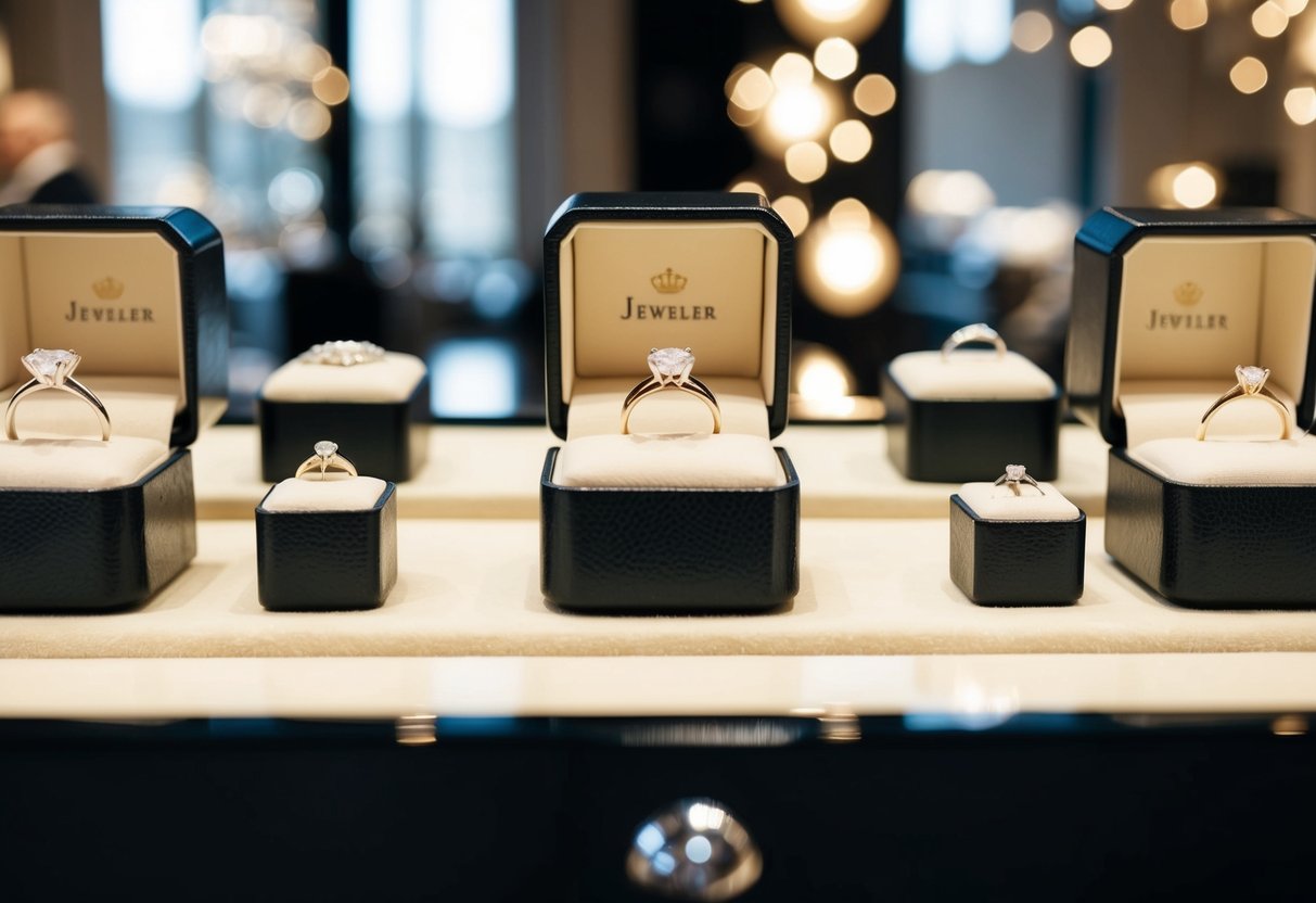 A jeweler's display with various wedding rings in a well-lit and elegant setting
