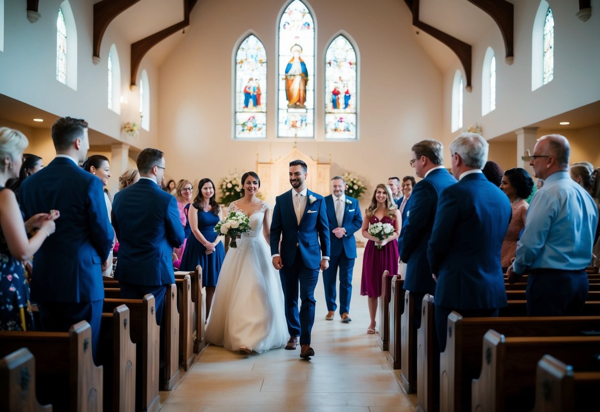 A group of people gather in a church, practicing walking down the aisle and rehearsing their roles in the upcoming wedding ceremony
