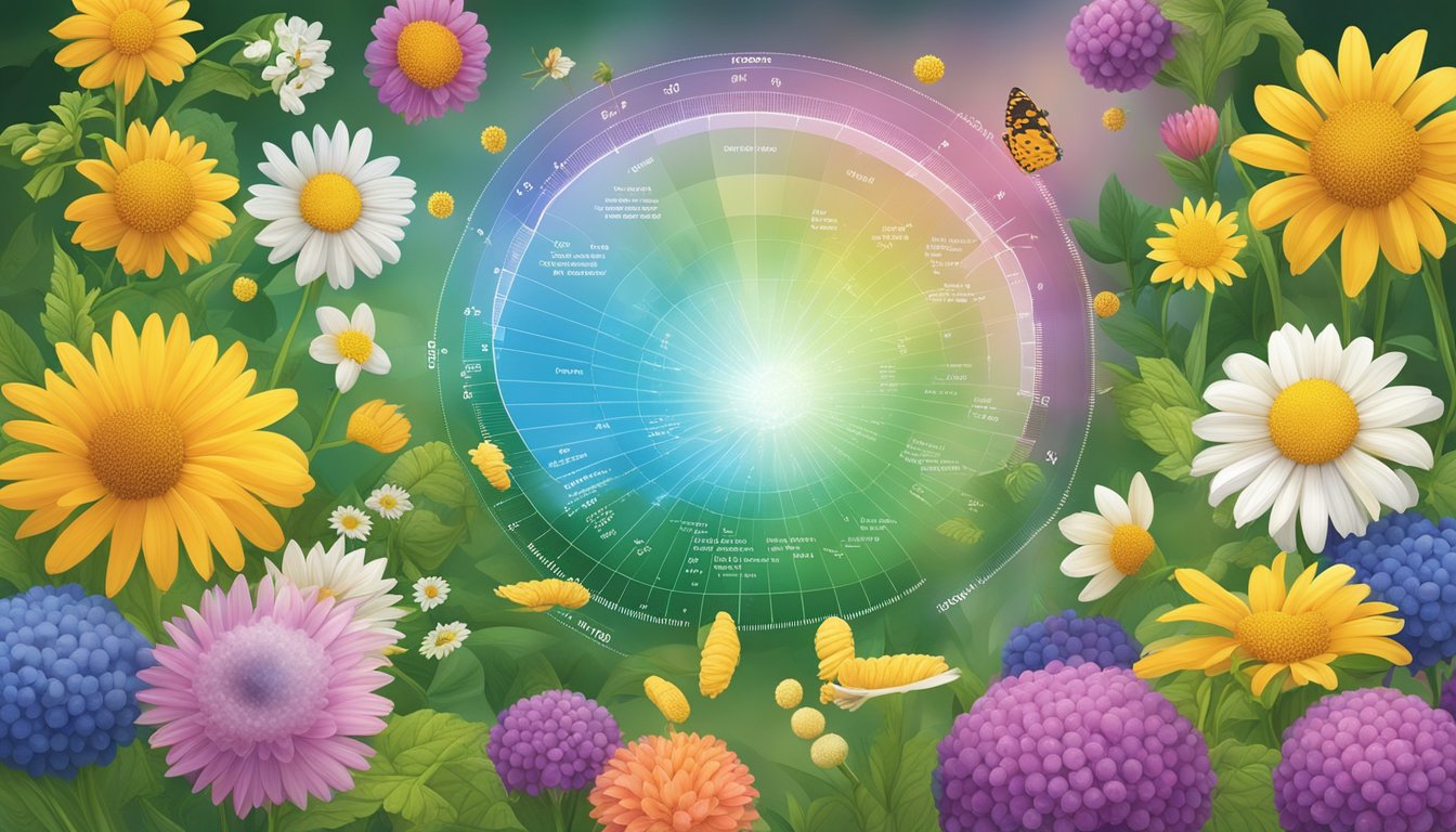 A colorful array of pollen grains surrounded by vibrant flowers and green foliage, with a scientific chart displaying its nutritional profile in the background