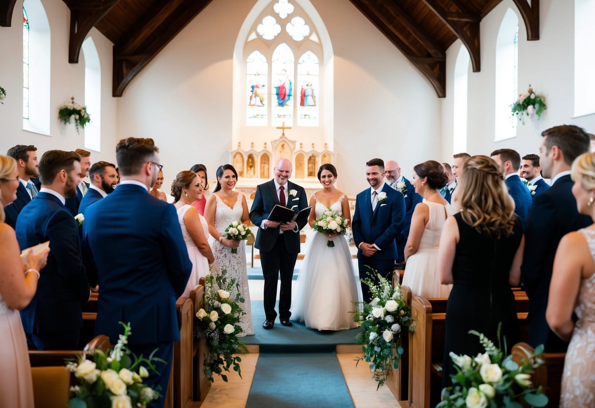 Guests gather in a charming church, as the couple and wedding party practice their roles. The officiant leads the group through the ceremony, ensuring everything runs smoothly for the big day