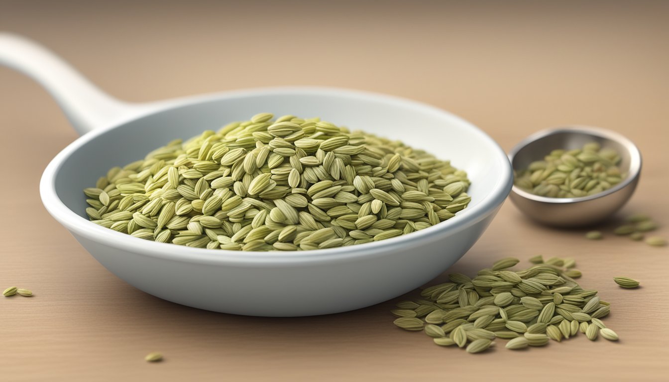 Fennel seeds in a small dish with a measuring spoon and a nutrition label in the background