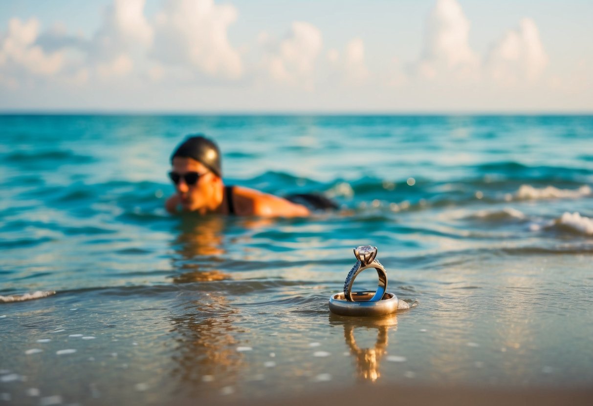 A person swimming in the ocean with a wedding ring left on the beach