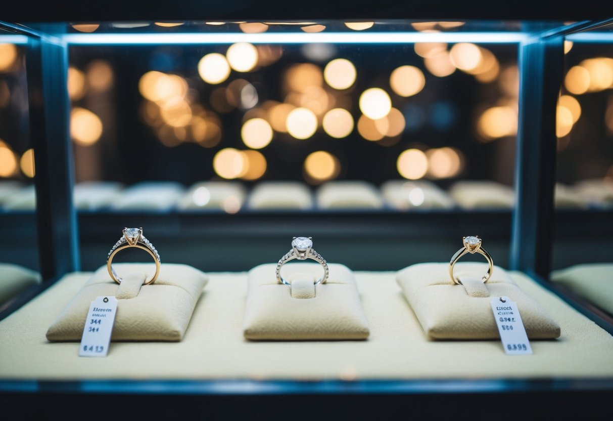 A jeweler's display case with various wedding ring materials and price tags
