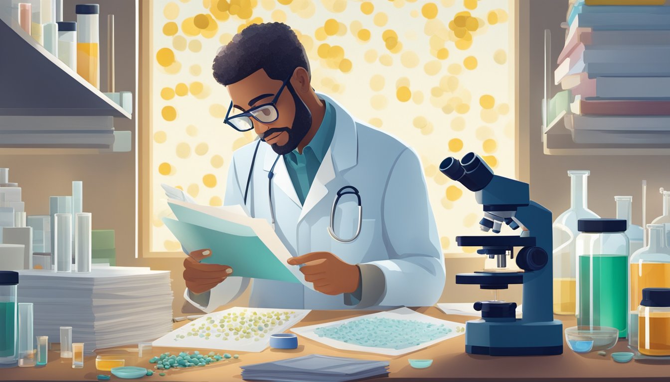 A scientist examines a microscope slide of pollen grains, surrounded by lab equipment and research papers