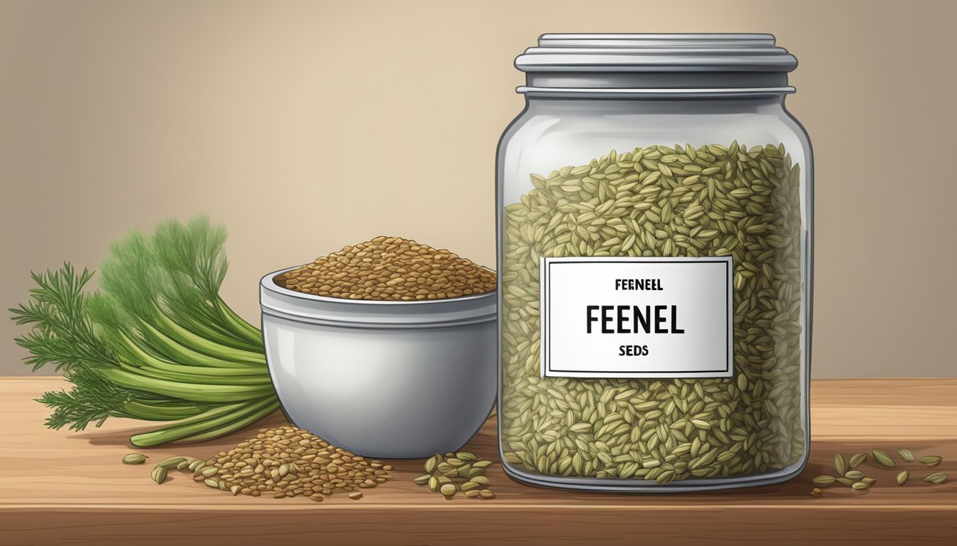 A jar of fennel seeds with a caution label, surrounded by various herbs and spices on a kitchen counter