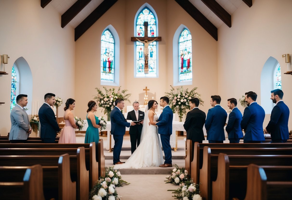 A group of people gather in a church, arranging chairs and flowers, while a couple stands at the altar practicing their vows