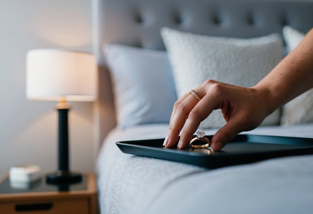 A person placing a wedding ring on a bedside table before going to sleep