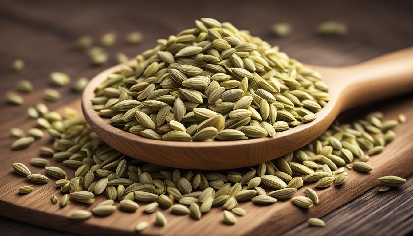 A small pile of fennel seeds spilling out of a wooden spoon onto a rustic kitchen countertop