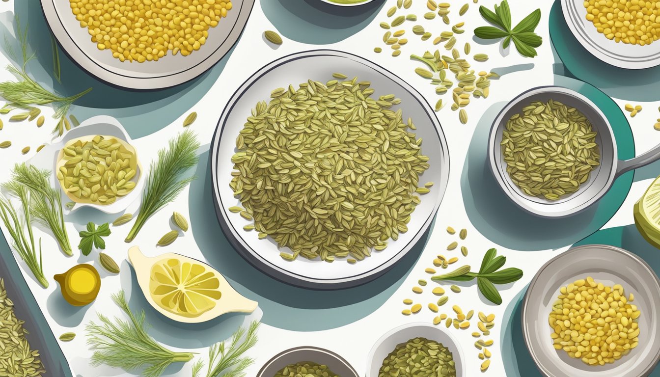 Fennel seeds scattered among various dishes on a dining table