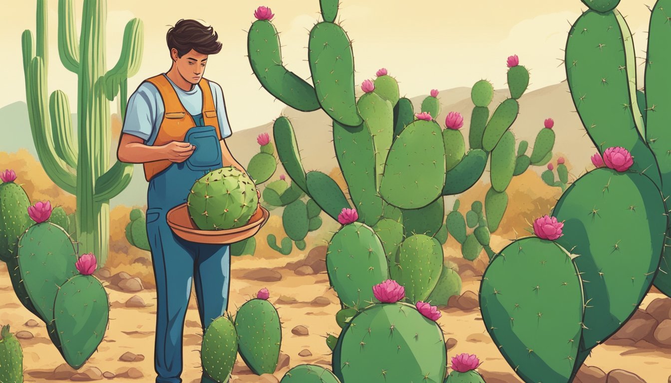 A person picking an unripe prickly pear from a cactus, with a question mark above their head