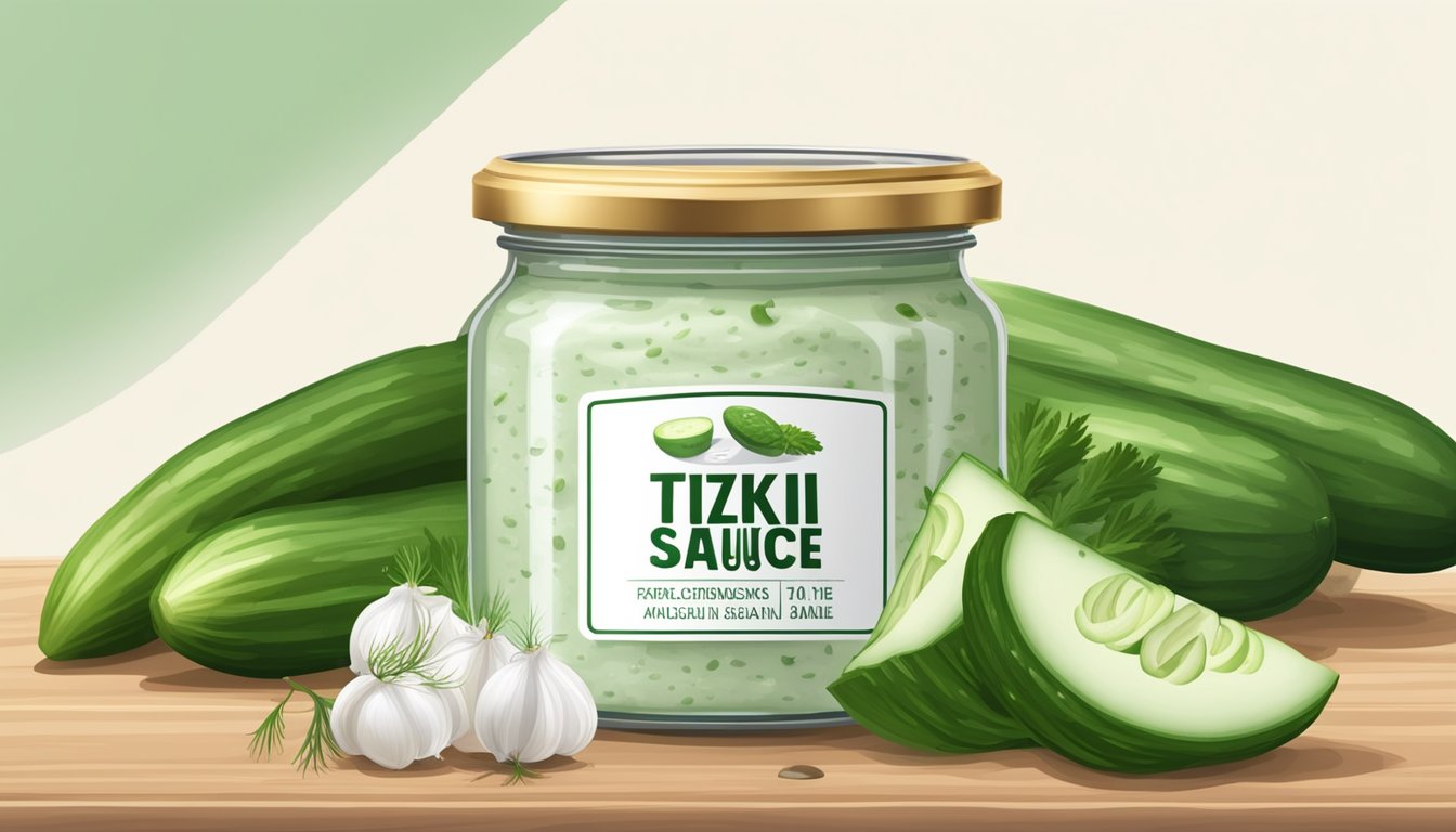 A jar of tzatziki sauce with a visible expiration date on the label, surrounded by fresh cucumbers, dill, and garlic