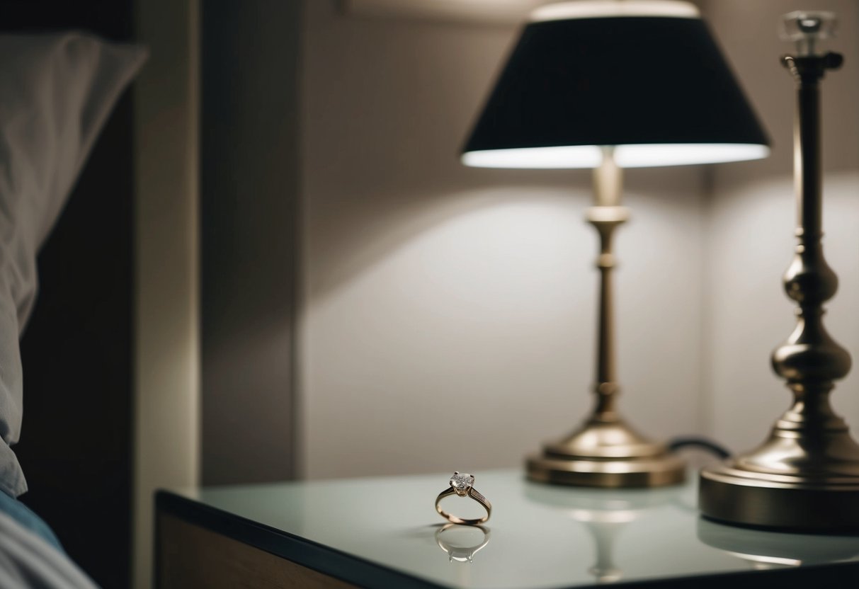 A solitary engagement ring sits on a cluttered nightstand, bathed in the soft glow of a bedside lamp
