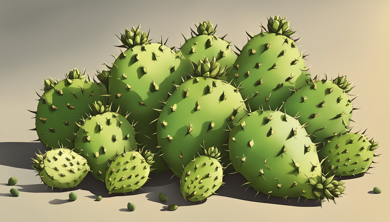 A pile of unripe prickly pears with a warning sign and a question mark hovering above them