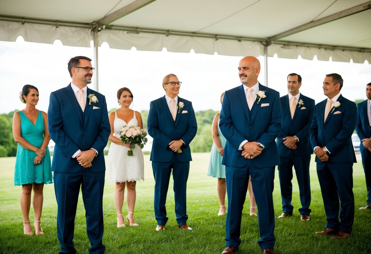 The groom's parents stand among the wedding party during the rehearsal, observing and participating in the preparations for the big day