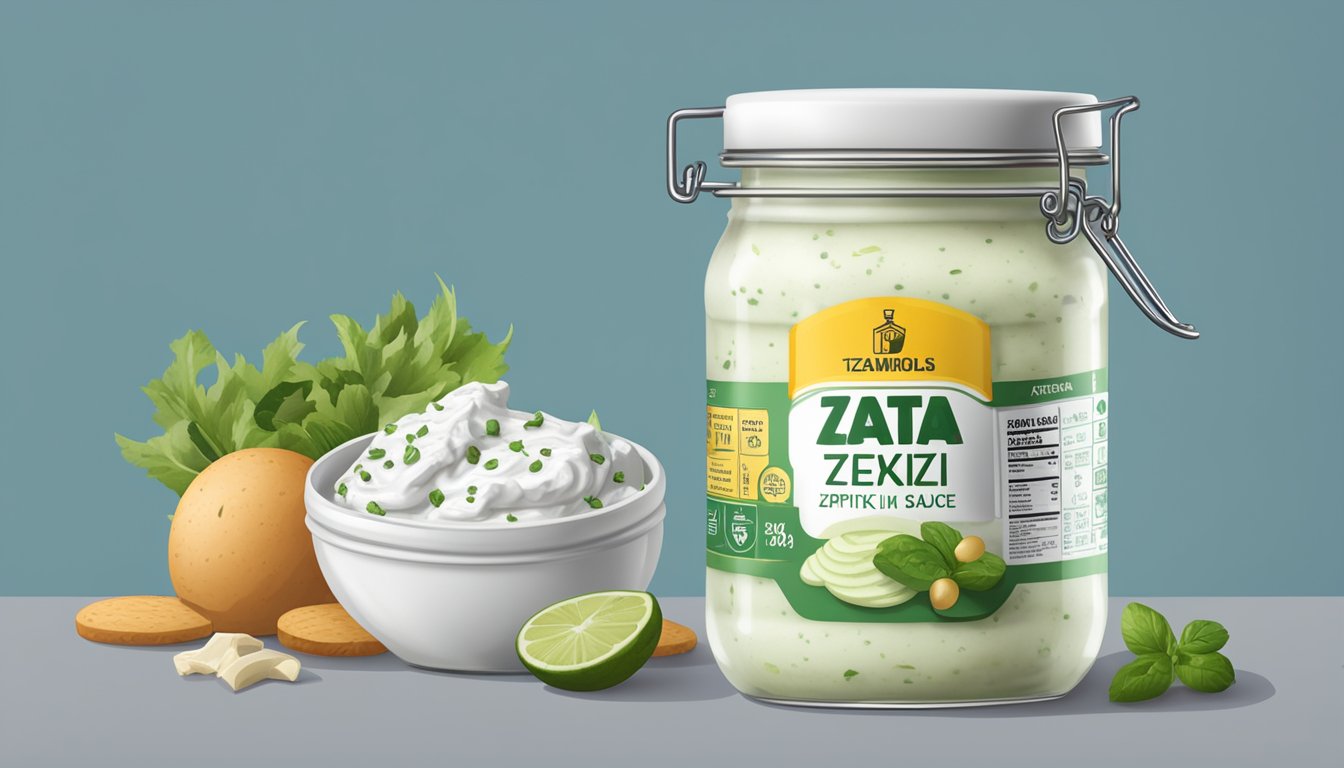 A jar of expired tzatziki sauce with a visible expiration date on the label, surrounded by various food safety symbols and warnings