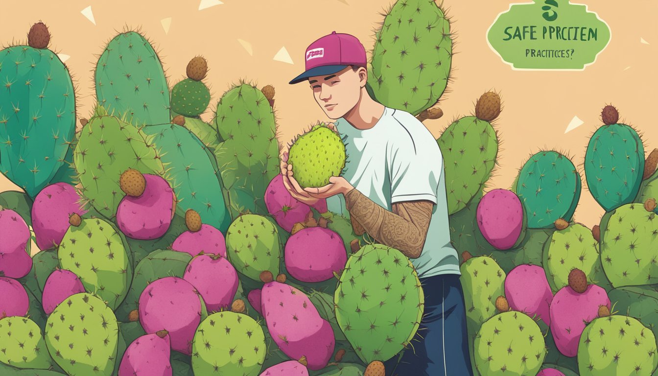 A person holding an unripe prickly pear, with a question mark above their head, surrounded by various ripe prickly pears and a sign with "Safe Consumption Practices" written on it