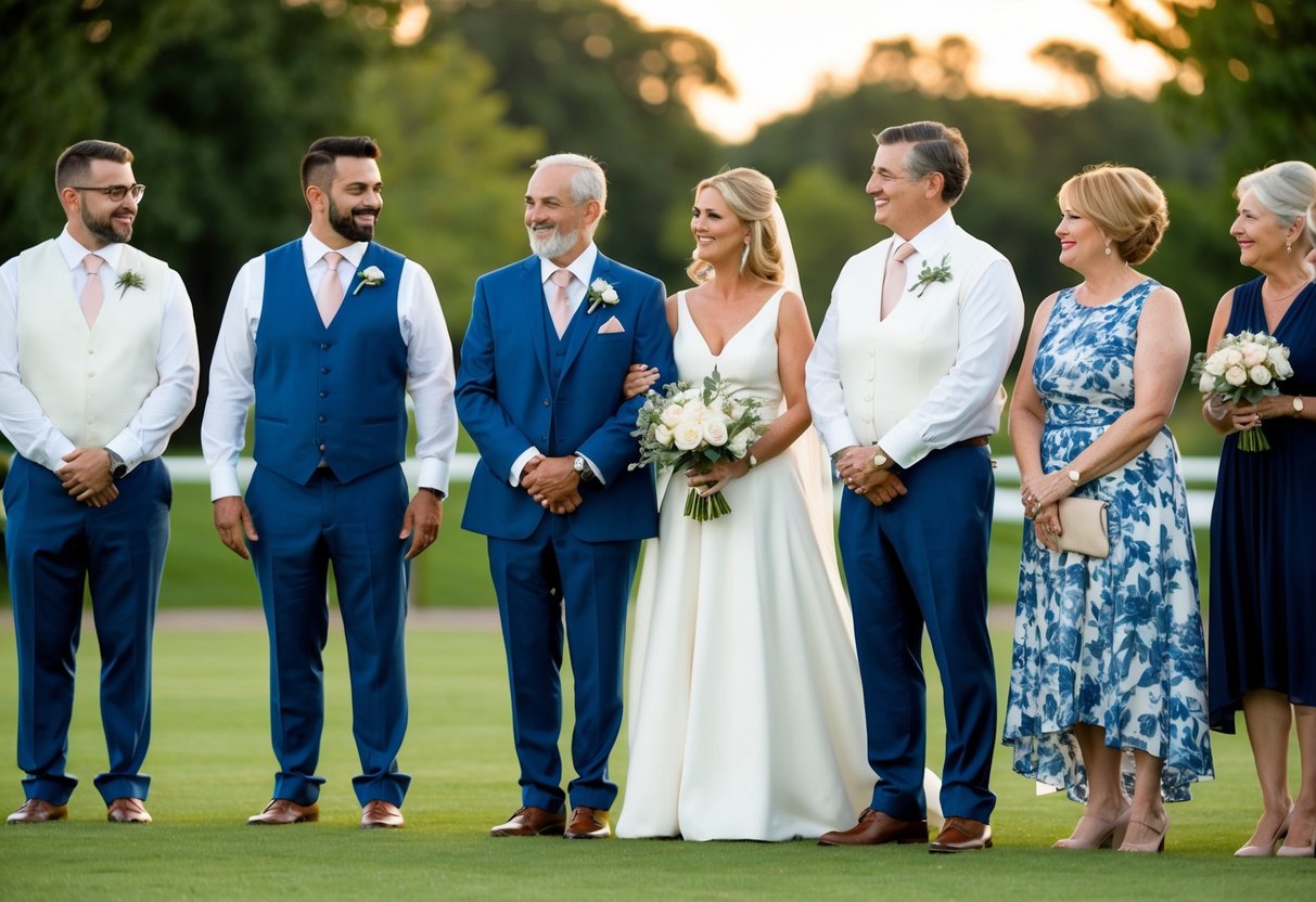 The groom's parents attend the wedding rehearsal, standing alongside the couple and other family members, observing and participating in the preparations