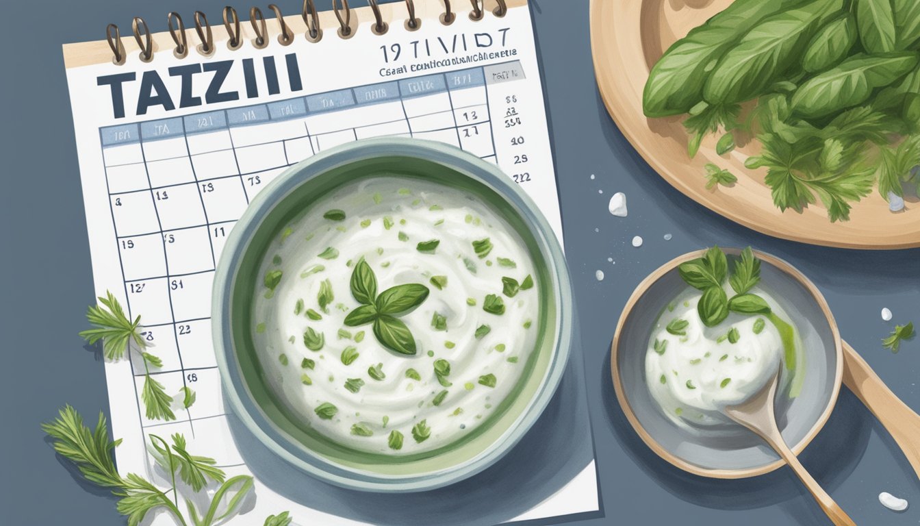 A bowl of tzatziki sauce sits next to a calendar, the date clearly marked as expired. Mold is beginning to form on the surface