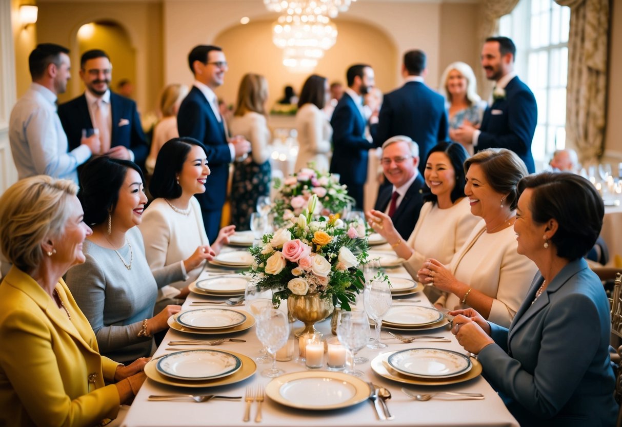 A table set with elegant dinnerware and floral centerpieces, surrounded by happy guests mingling and chatting in a warm and welcoming atmosphere