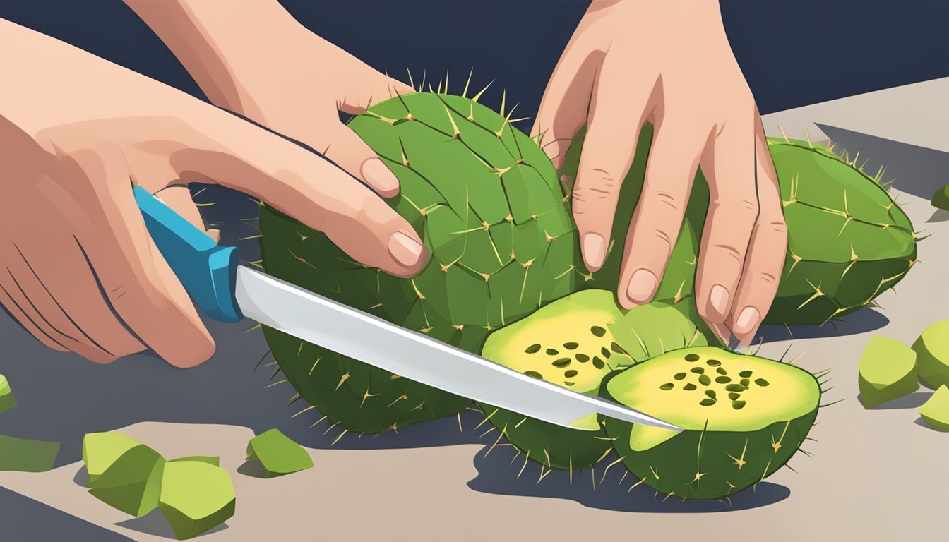 A person slicing open an unripe prickly pear to examine the interior for culinary use