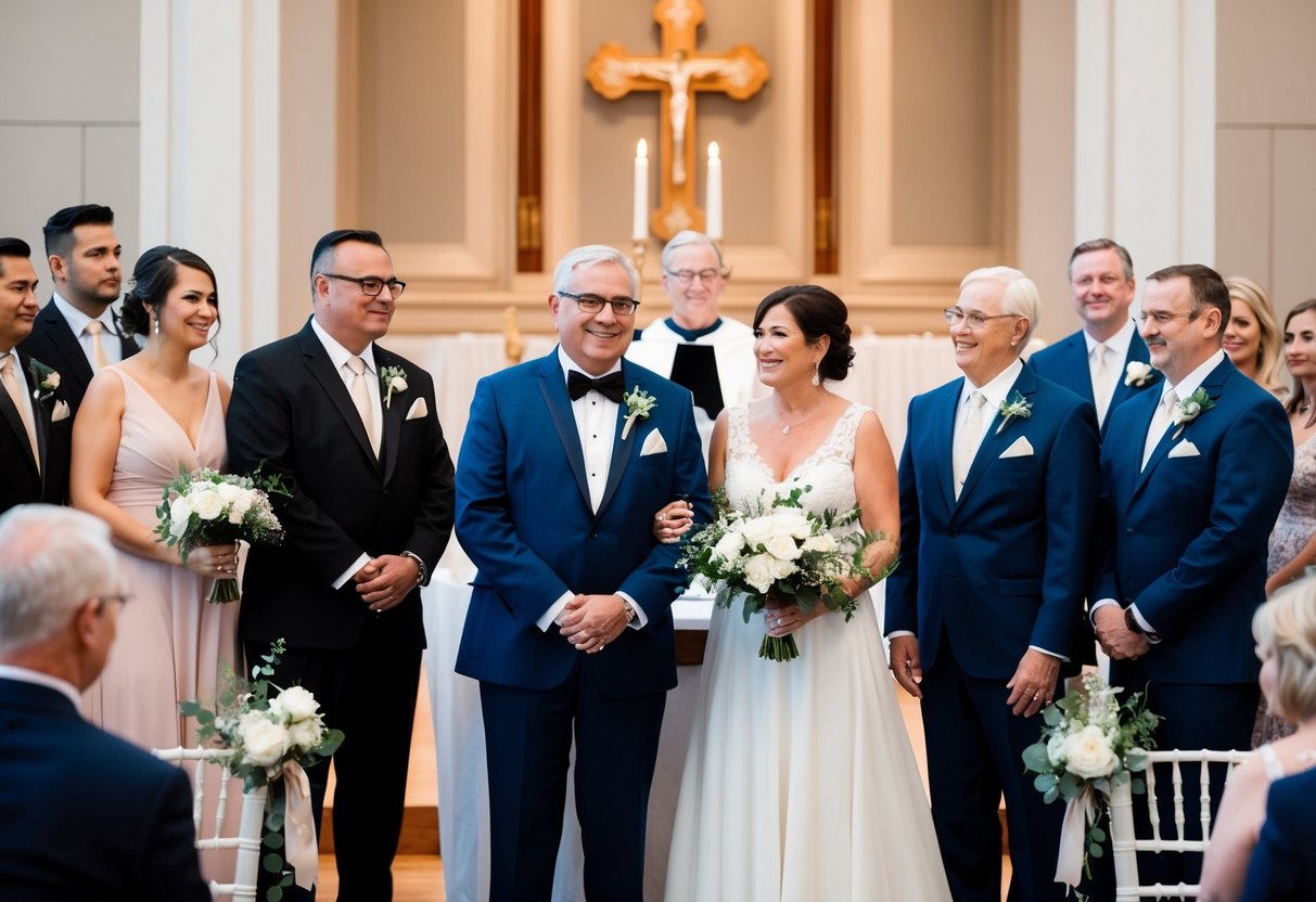 Groom's parents attend wedding rehearsal, standing near the altar with the officiant and bridal party