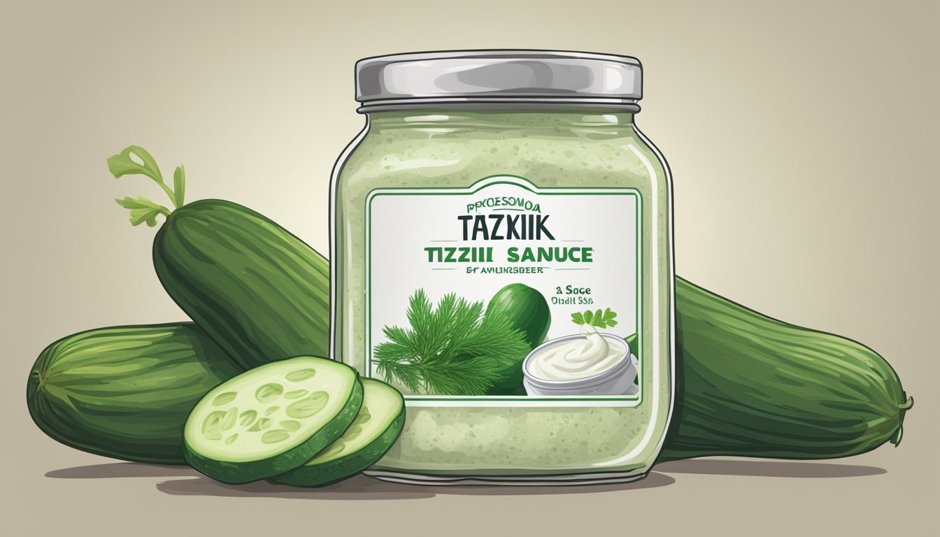 A jar of tzatziki sauce sits on a kitchen shelf, surrounded by fresh cucumbers and dill. The expiration date on the label is visible