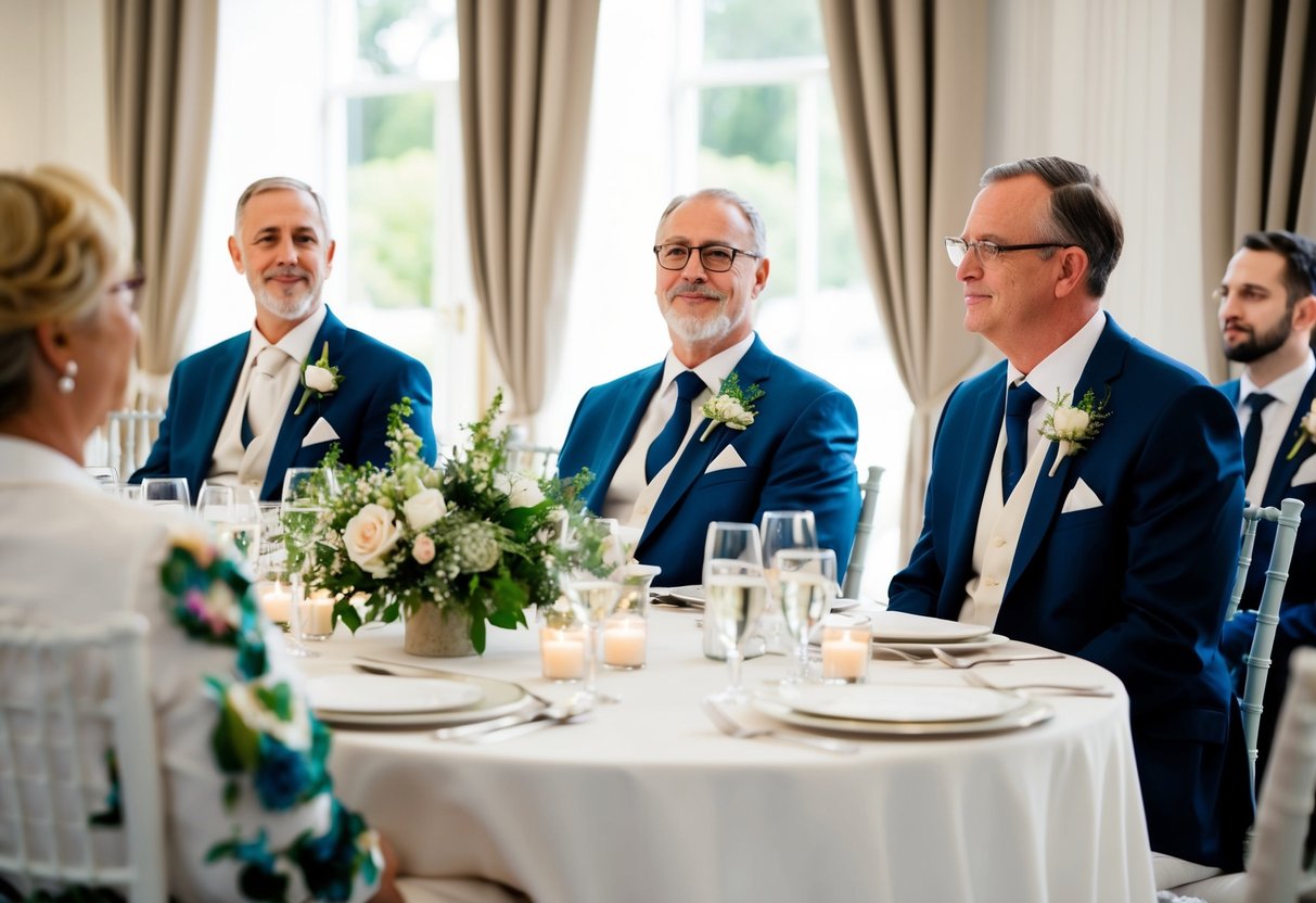 Groom's parents attend wedding rehearsal, offering guidance and support to the newlyweds