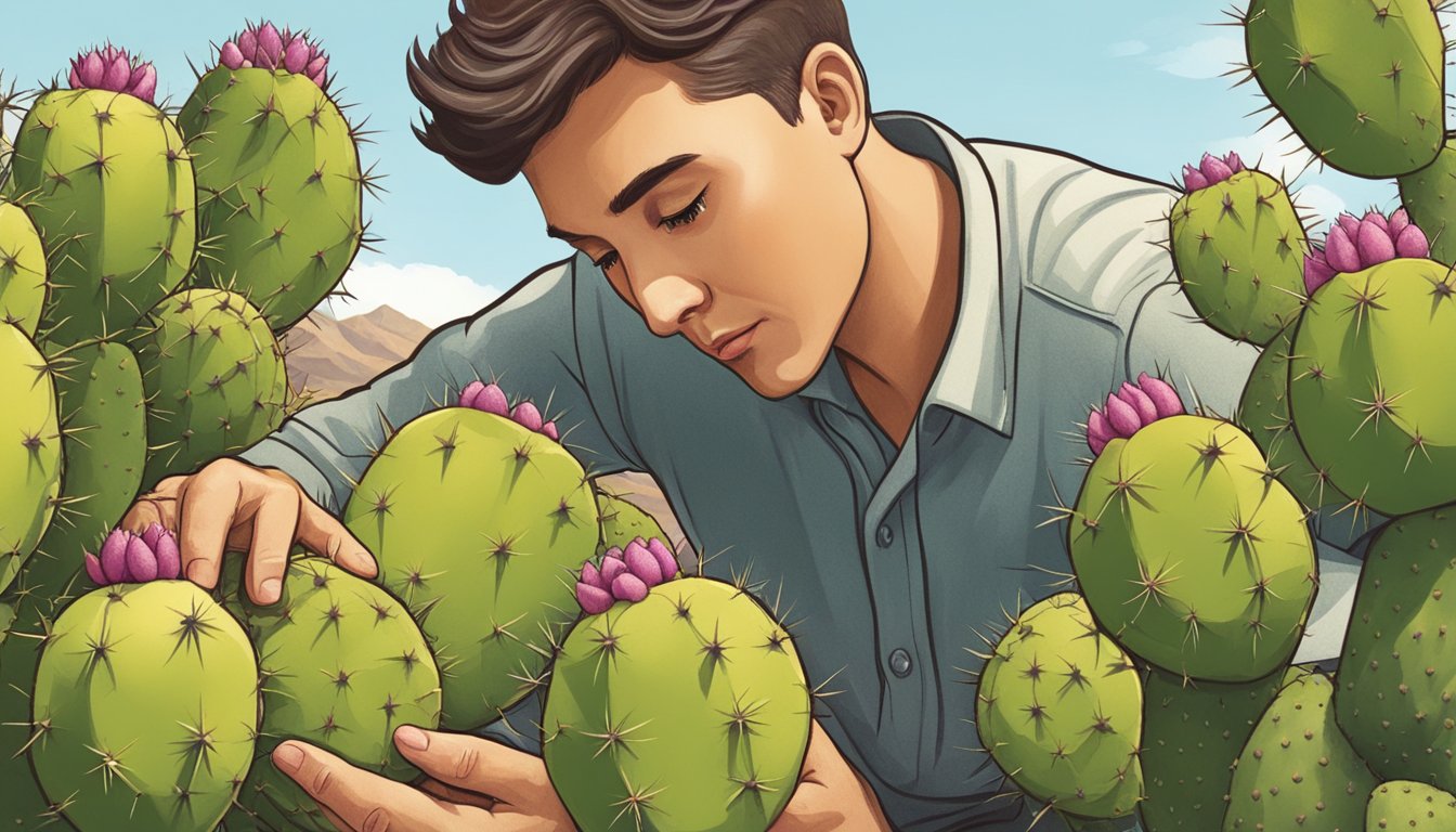 A person picking a prickly pear from a cactus, examining it closely for ripeness before deciding whether it is safe to eat