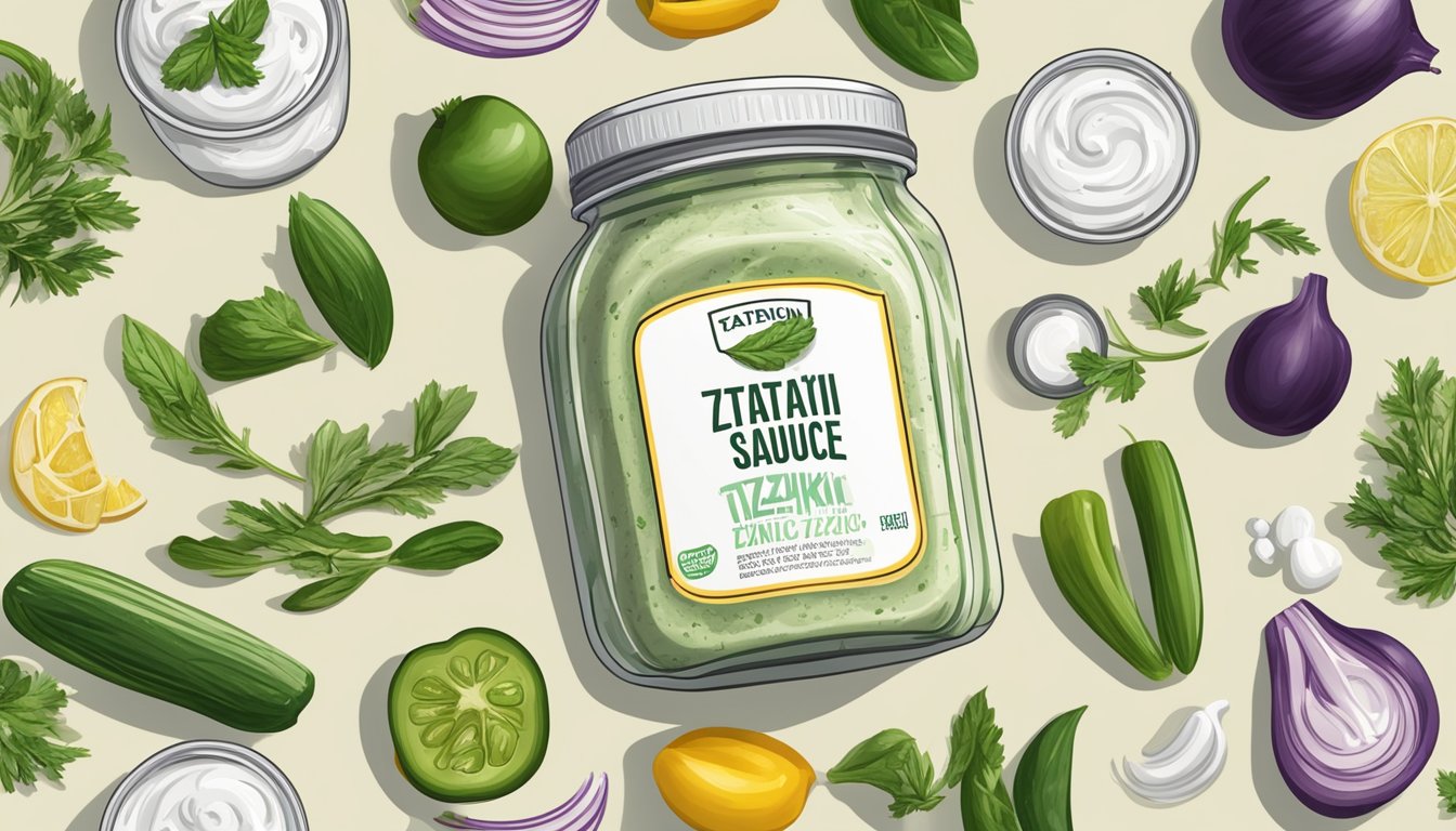 A jar of expired tzatziki sauce with a visible expiration date, surrounded by various ingredients and condiments