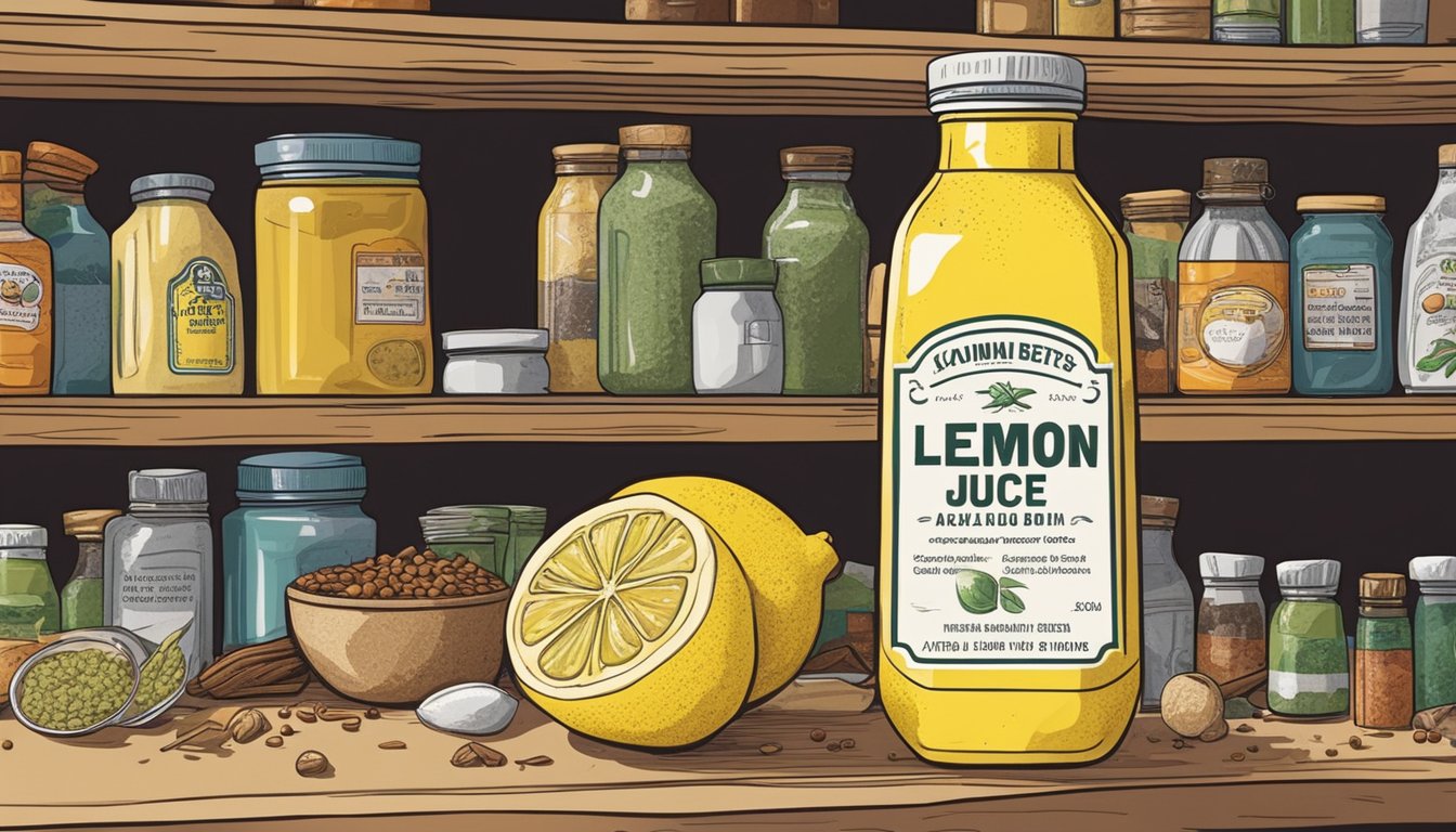 A bottle of expired lemon juice sits on a cluttered pantry shelf, surrounded by other condiments and spices. The label shows a past expiration date