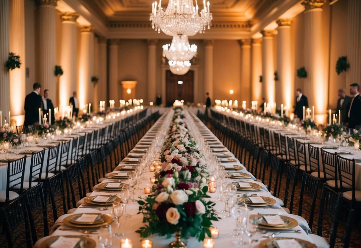 A long banquet table stretches across a grand hall, adorned with elaborate floral centerpieces and elegant place settings. The room is filled with the warm glow of candlelight and the sound of lively conversation
