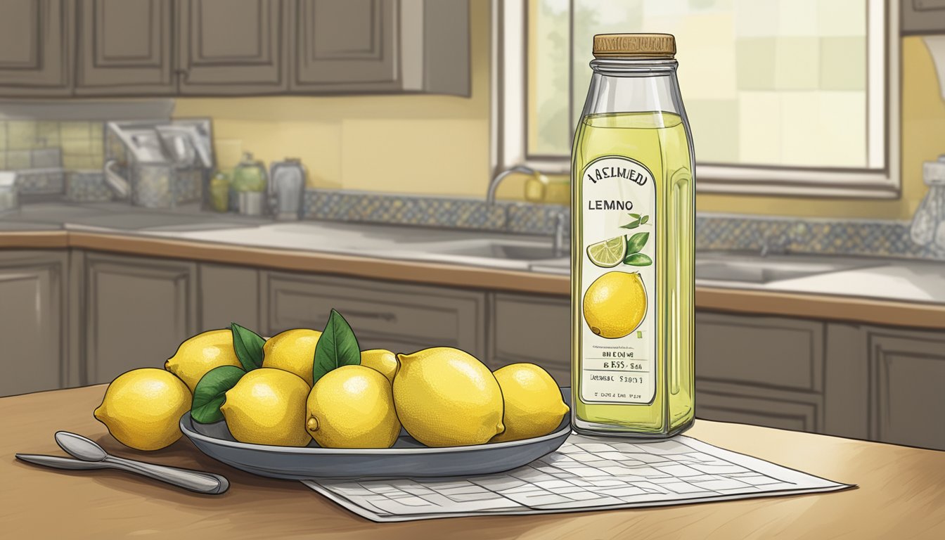 A bottle of expired lemon juice sits on a kitchen counter, surrounded by fresh lemons and a calendar showing the past date