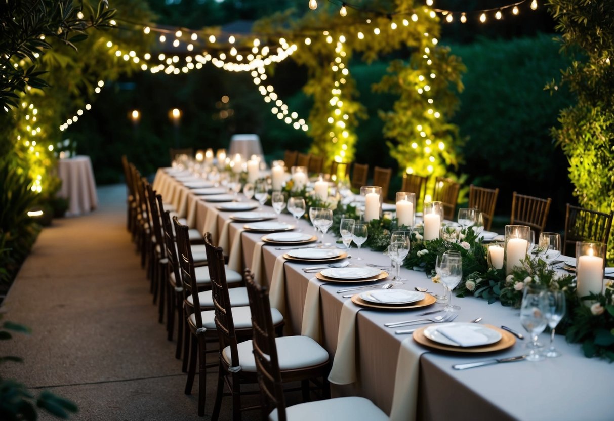 A long dining table with elegant place settings, surrounded by lush greenery and twinkling lights, creating a warm and intimate atmosphere for a rehearsal dinner