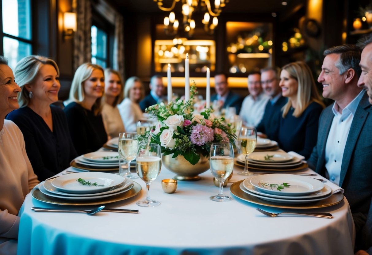 A table set with elegant dinnerware and floral centerpieces, surrounded by family and friends in a cozy, dimly lit restaurant